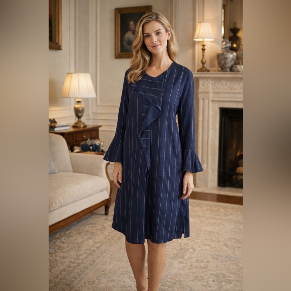 Beatrice .B  Italia Wool Viscose Blend Pinstripe Ruffle Dress